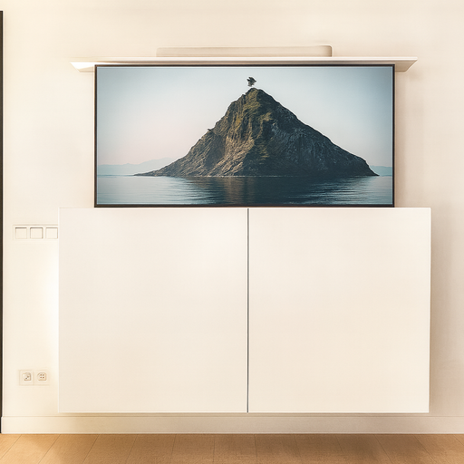 TV mounted on a wall displaying an island scene, below a white cabinet.